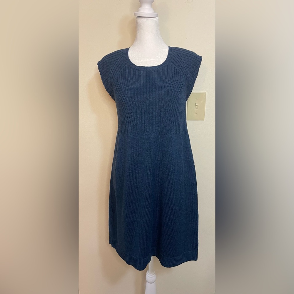 Theory Women’s 100 % Wool Dress Sweater Tunic Blue Ribbed Sheath Size Large.